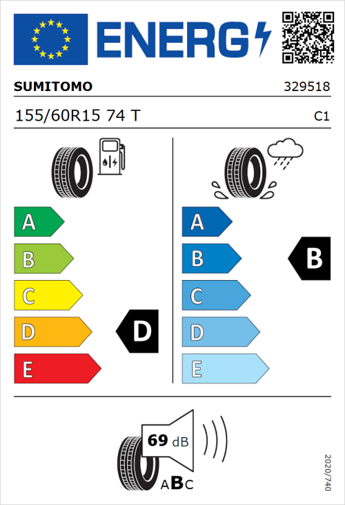 Tyre Label for Sumitomo BC100 155/60R15 74T