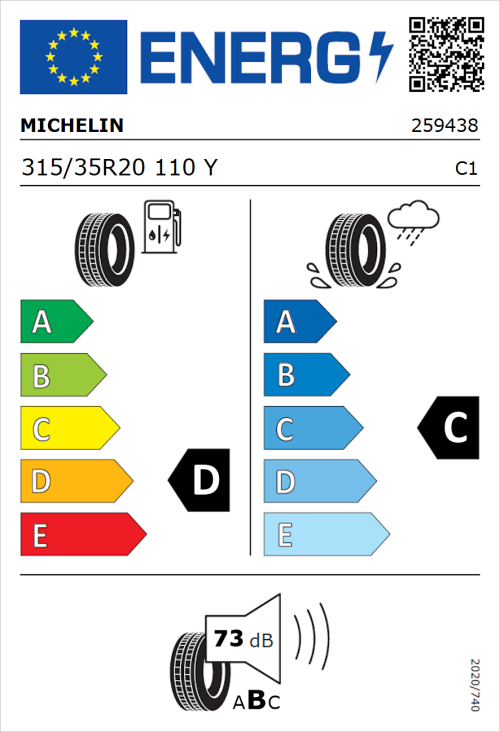 Tyre Label for Michelin Pilot Sport 4 S 315/35R20 110Y