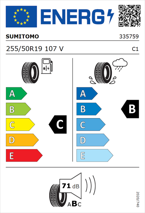 Tyre Label for Sumitomo BC100 255/50R19 107V