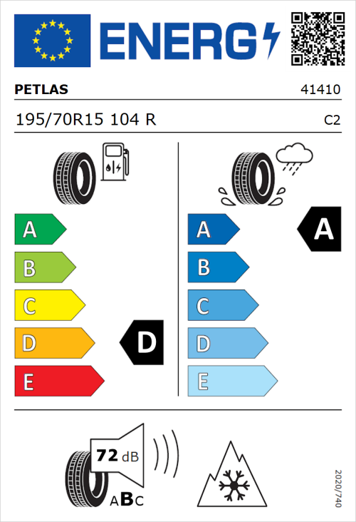 Tyre Label for Petlas Full Grip PT925 195/70R15 104R