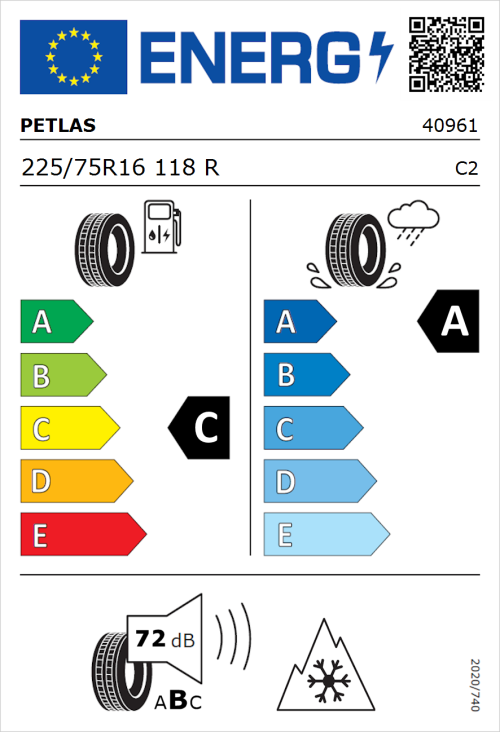 Tyre Label for Petlas Full Grip PT925 225/75R16 118R