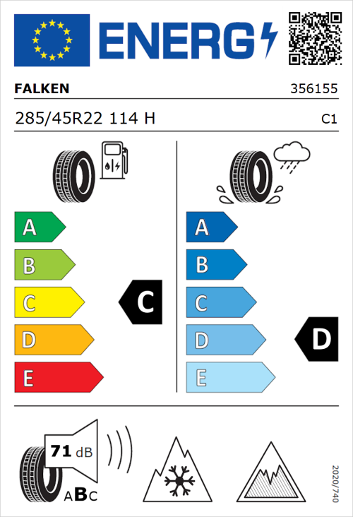 Tyre Label for Falken Wildpeak A/T AT3WA 285/45R22 114H