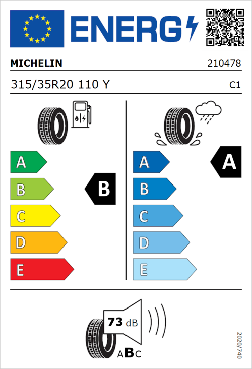 Tyre Label for Michelin Pilot Sport 4 S 315/35R20 110Y