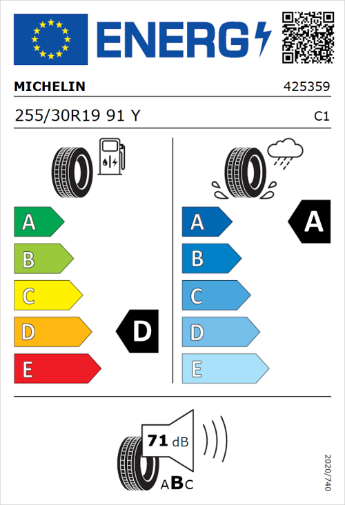 Tyre Label for Michelin Pilot Sport 4 S 255/30R19 91Y