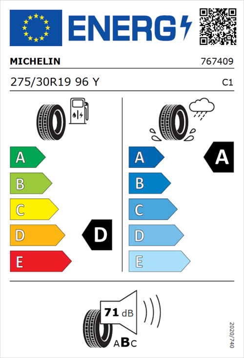 Tyre Label for Michelin Pilot Sport 4 S 275/30R19 96Y
